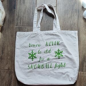 Canvas Tote Bag - White with Green Print And Faux Snowballs
